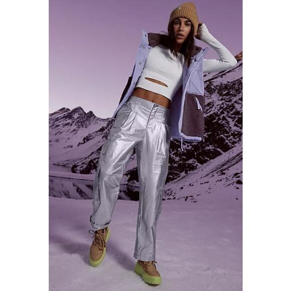 Free People Mesmerize Me Shine Pants Metallic Cargo Low Rise Silver Size Small - Picture 7 of 10